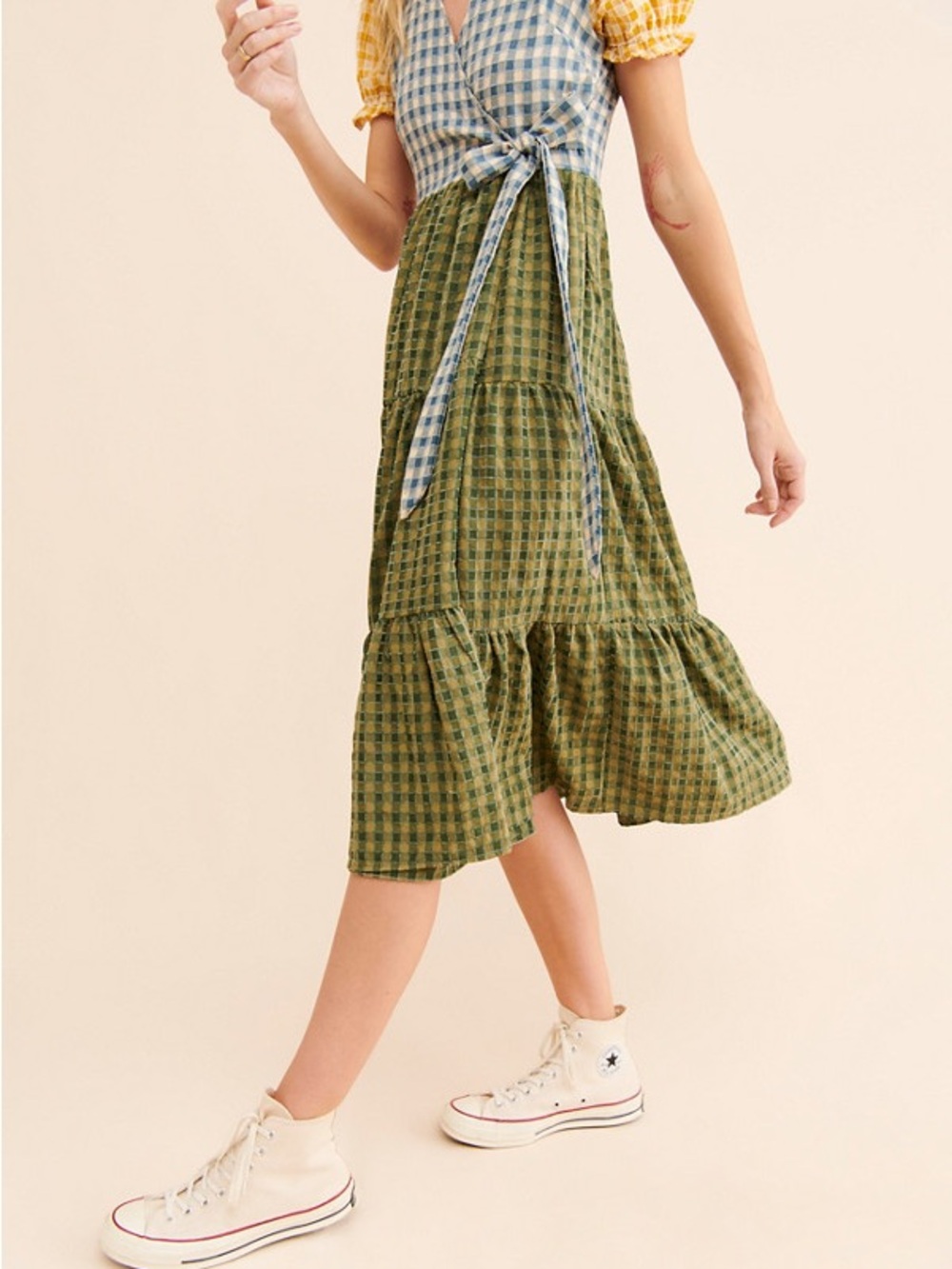 Lisa Says Gah Multi-Check Midi Dress — Blue, Yellow, Green - Picture 2 of 3